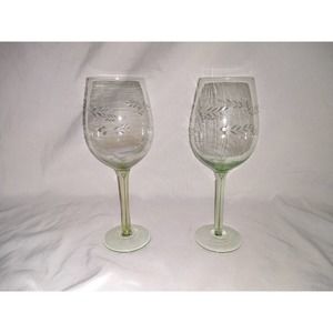 Green stemware etched wineglass set of 2